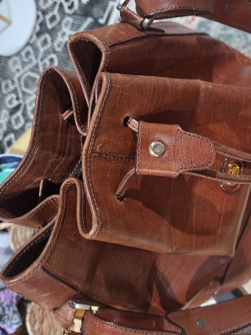 Vintage Bonia Brown Genuine Leather Drawstring Bucket Shoulder Bag - Picture 6 of 16